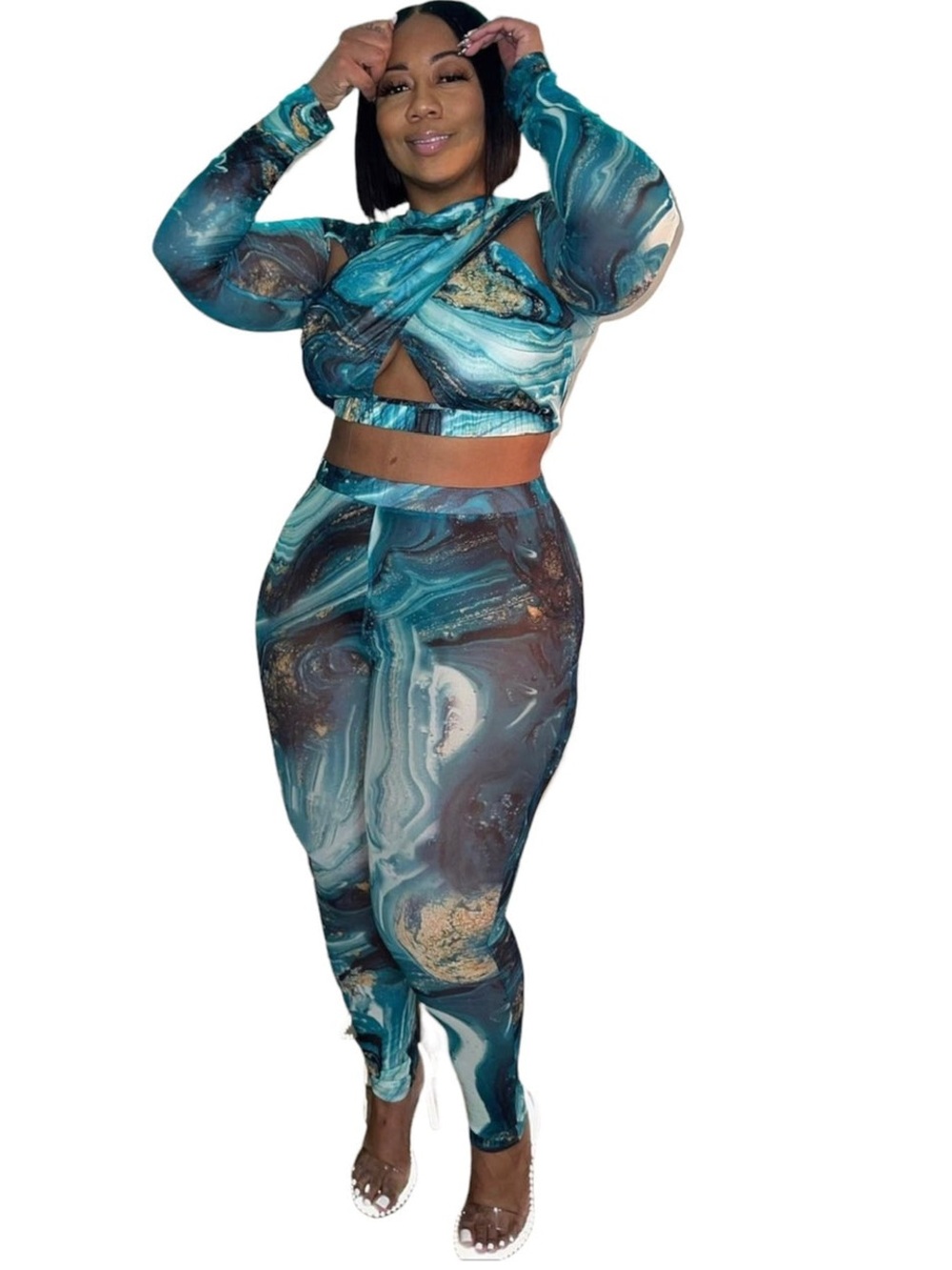 Teal Marble Print Two-Piece Pants Set - Women